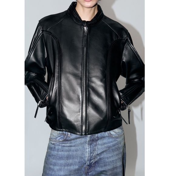 Zara zippered leather jacket ZW collection - Picture 4 of 11